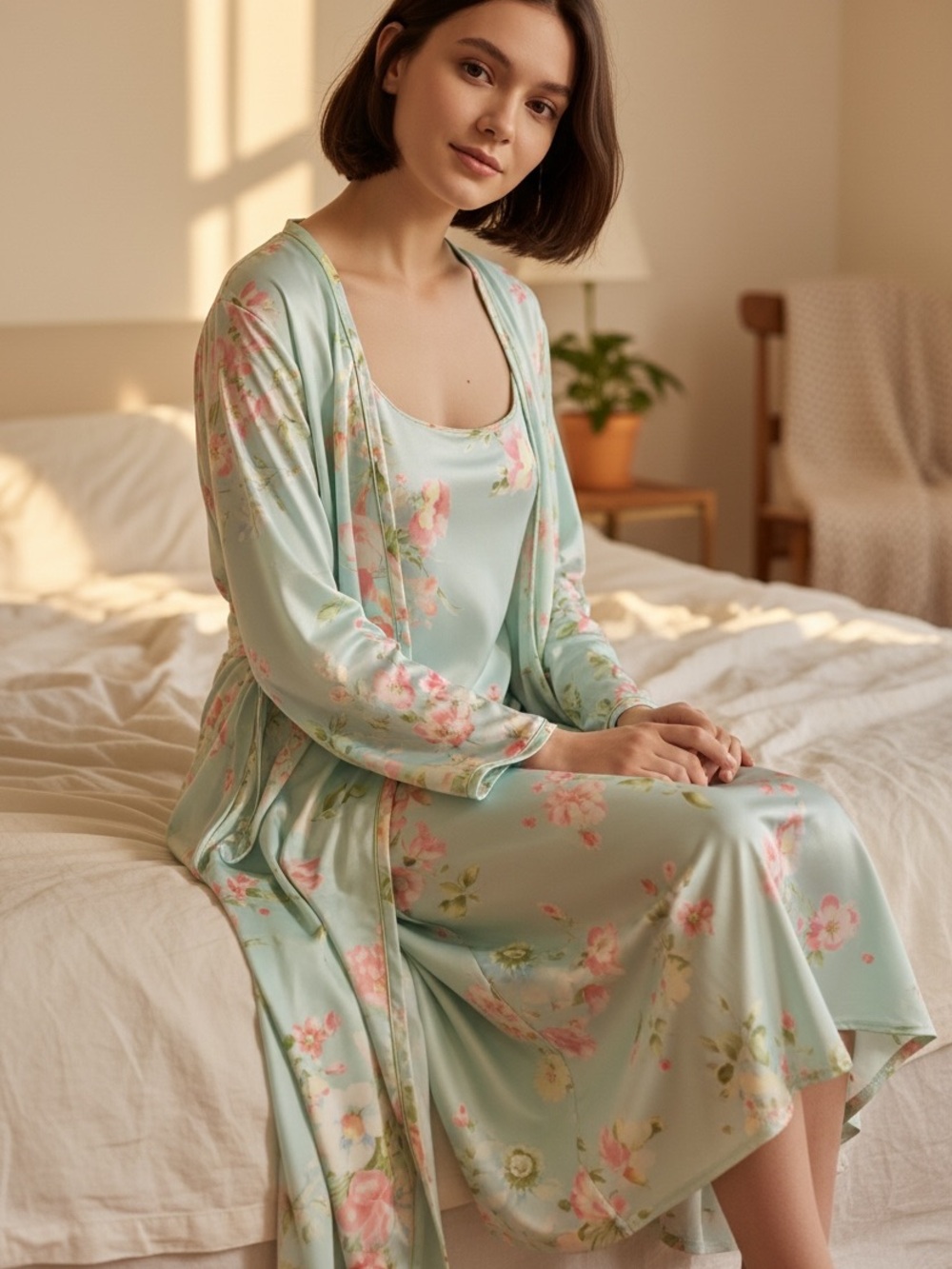 Oscar de la Renta Mint Floral Satin Chemise and Robe Set